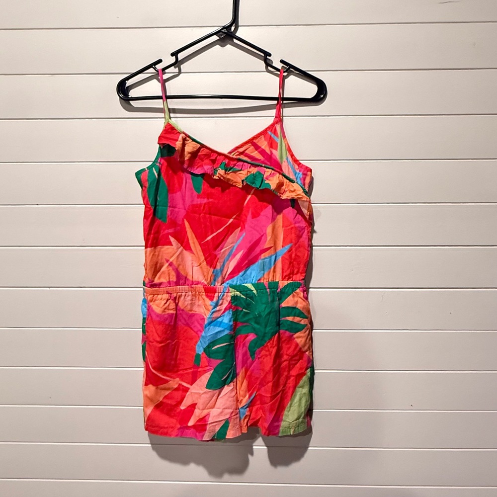 Vineyard Vines Tropical Palm Print Girls Romper L 14 Pink Red Ruffle Cotton EX